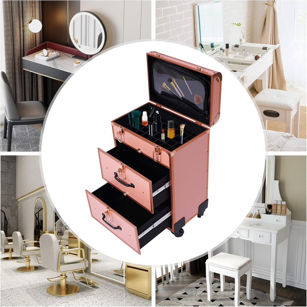 3 Layers Rolling Makeup Case with Reinforced Lock & Transparent Storage Bag Gold N171