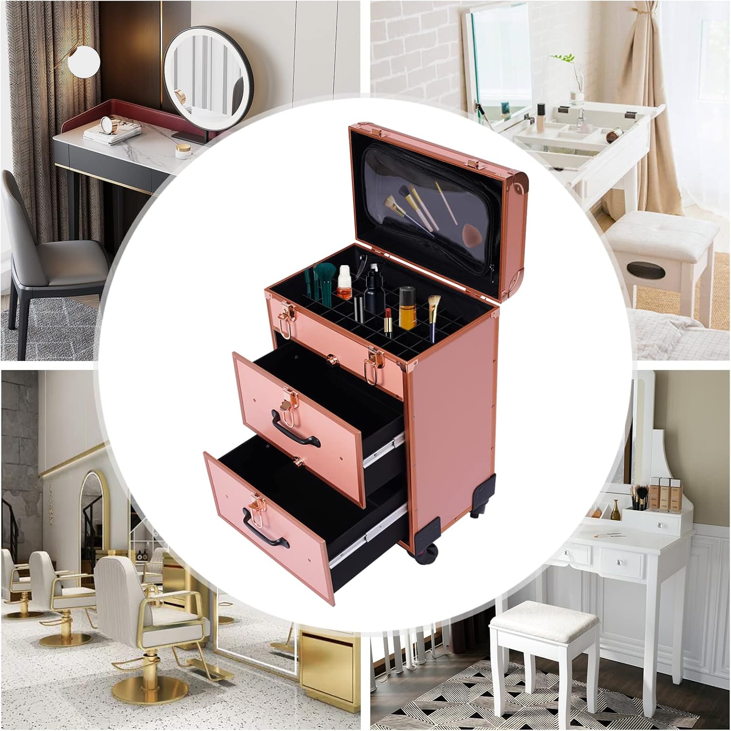 3 Layers Rolling Makeup Case with Reinforced Lock & Transparent Storage Bag Gold N171