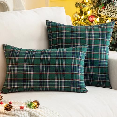 Pack of 2 Green Plaid Decorative Throw Pillow Covers, 20 x 20 Inches H31298