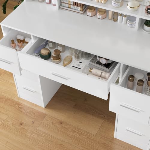 White 43.3" Vanity Desk with Lighted Mirror and 7 Drawers J9360