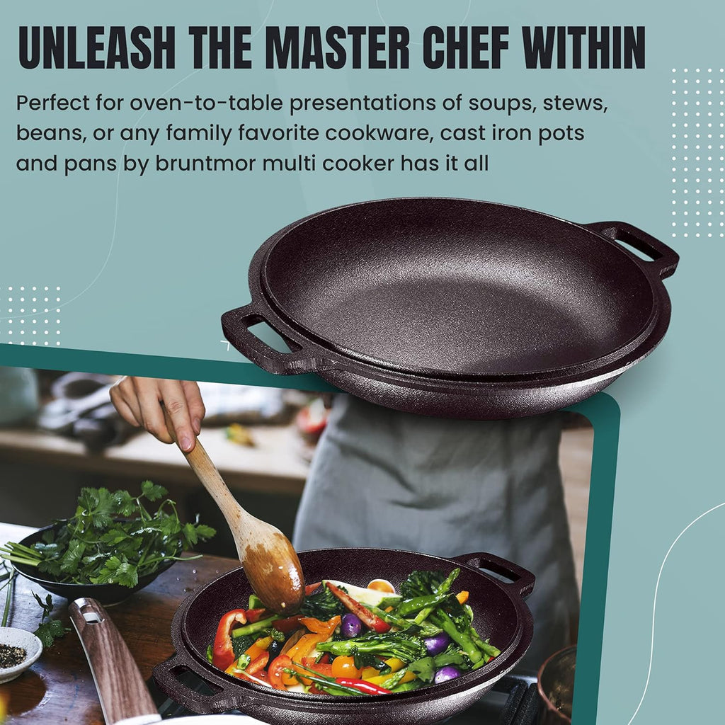 Matte 11-inch Ceramic Large Round Serving Plates and 5 Quart Cast Iron Double Dutch Oven Set with 10 inch Skillet Lid A764
