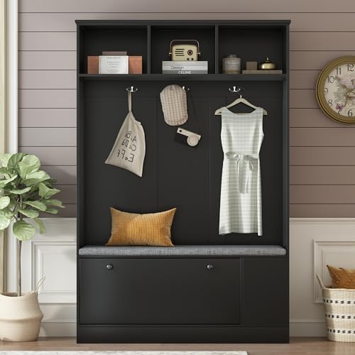White 39.4 Inch Hall Tree with Storage Bench and 6 Hooks Q785215