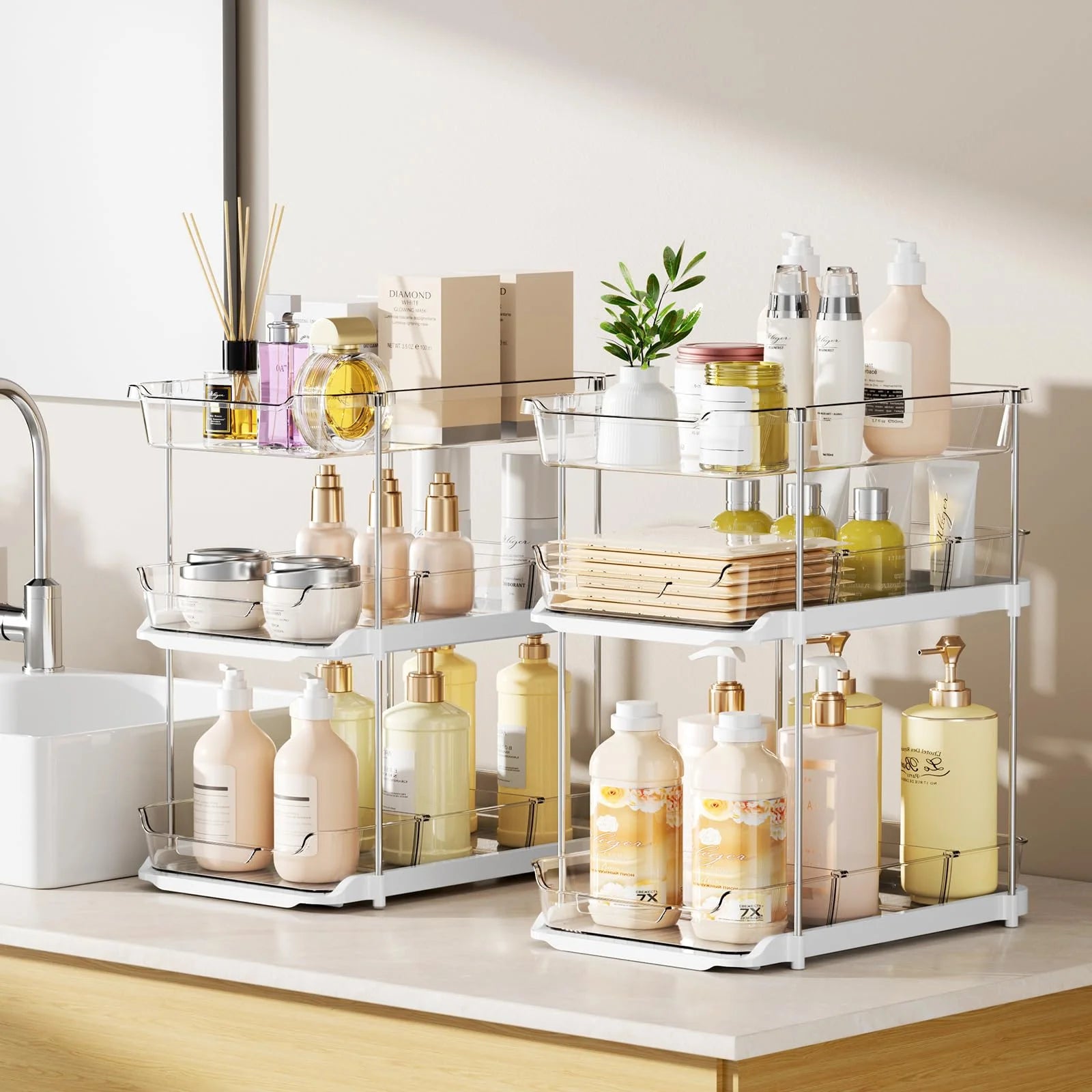 White 3 Tier Stackable Under Sink Organizer with Pull Out Drawers J829