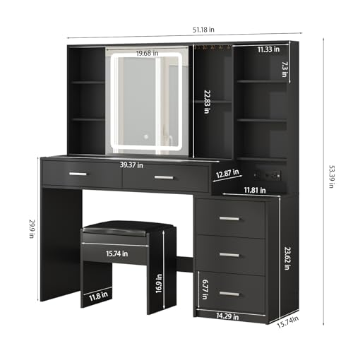 White Vanity Desk with Mirror and Lights 5 Drawers with Chair Y602