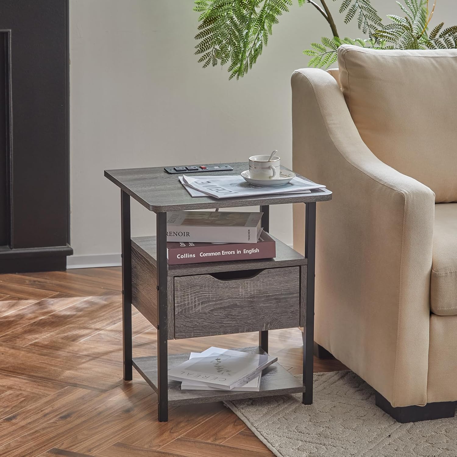 Grey Set of 2 Nightstand with Drawer and Charging Station V509