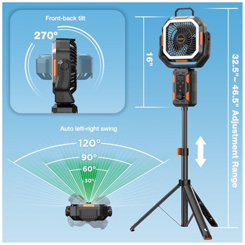 20000mAh Rechargeable Battery Powered Standing Fan with LED Lanterns E7289