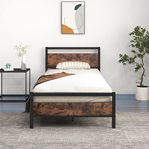 Queen Size Metal Platform Bed Frame with Wooden Headboard and Footboard, Black L37304