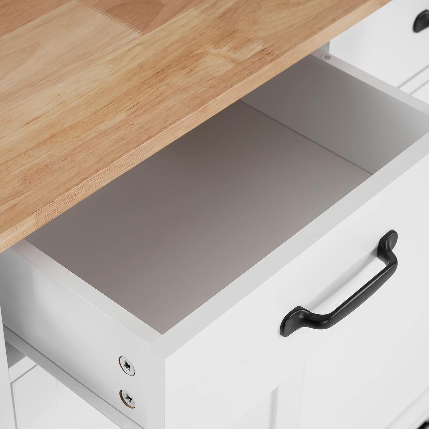 White Rubber Wood Top Rolling Kitchen Cart with Double Doors and Drawers J445248