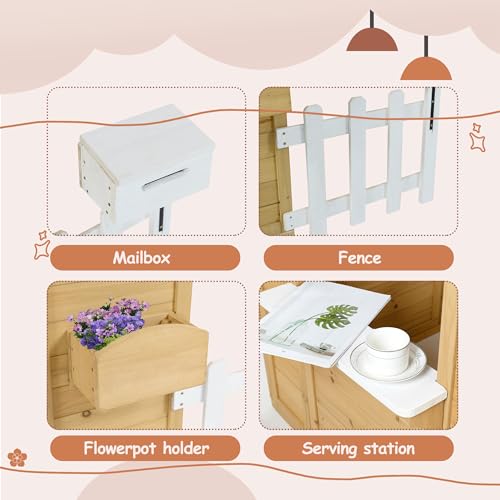 Wooden Playhouse with Window, Mailbox, Picnic Bench, Fenced, 39" x 38" x 55.5" C423489