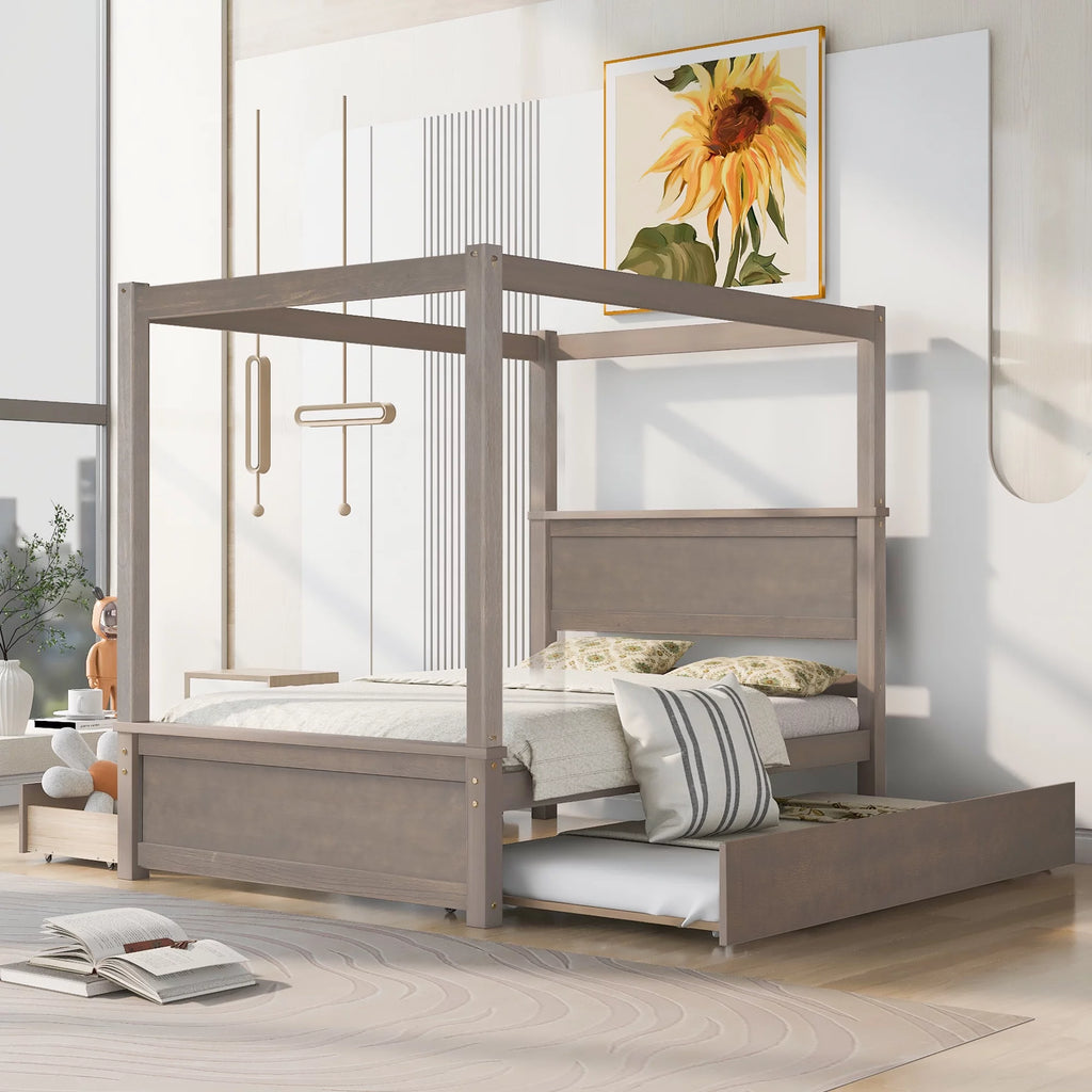 Light Brown Full Size Wood Canopy Platform Bed with 2 Drawers and Trundle F5333