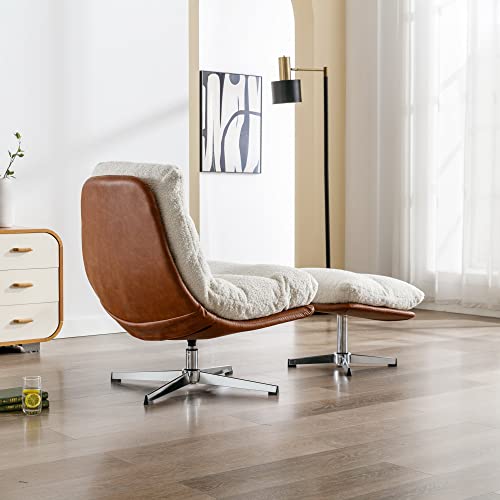 Ivory Linen Oversized Swivel Lounge Chair with Ottoman M246776