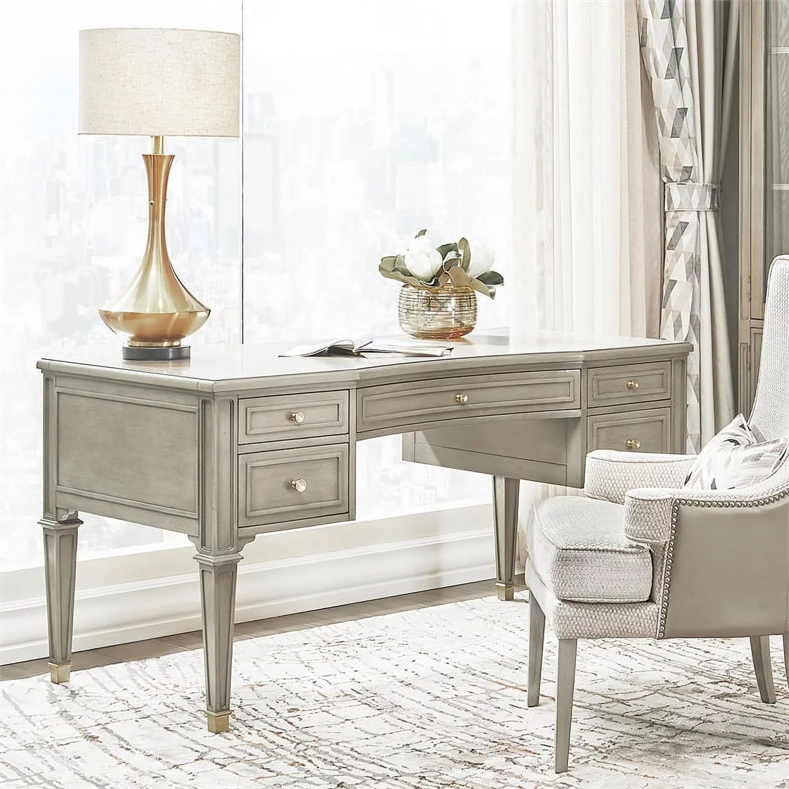 Gold Accent 5-Drawer Wood Desk Grey D389895