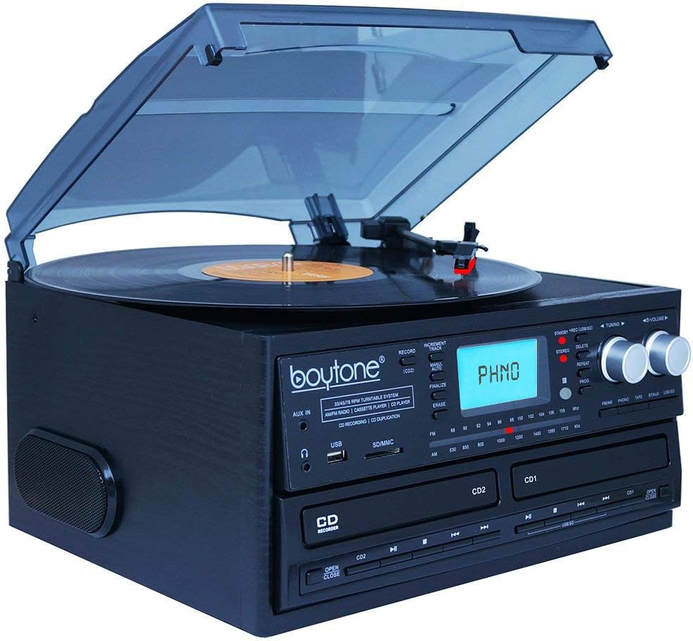 Bluetooth Dual CD Player Turntable Record Player with AM/FM Radio, Cassette Player, USB, AUX U85549