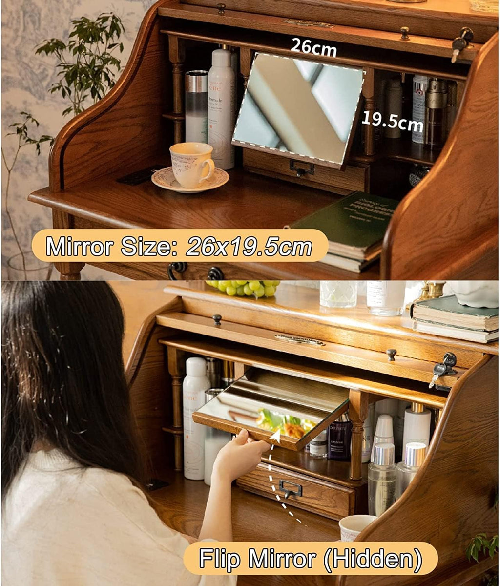 Oak Wood Vanity Desk with Pull-Out Hidden Mirror and Charging Port H2962