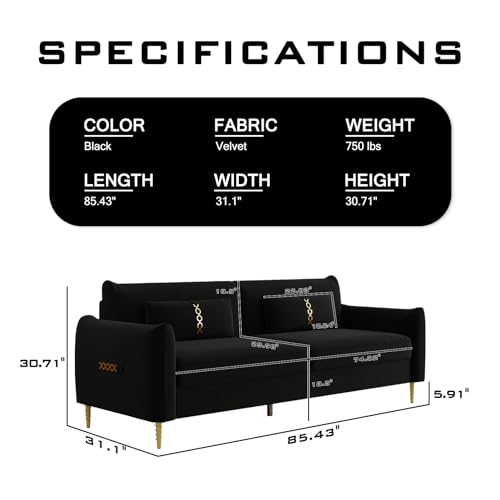 85 in 3-Seat Velvet Couch with Solid Wood Frame, 2 Pillows, Gold Legs Q25644