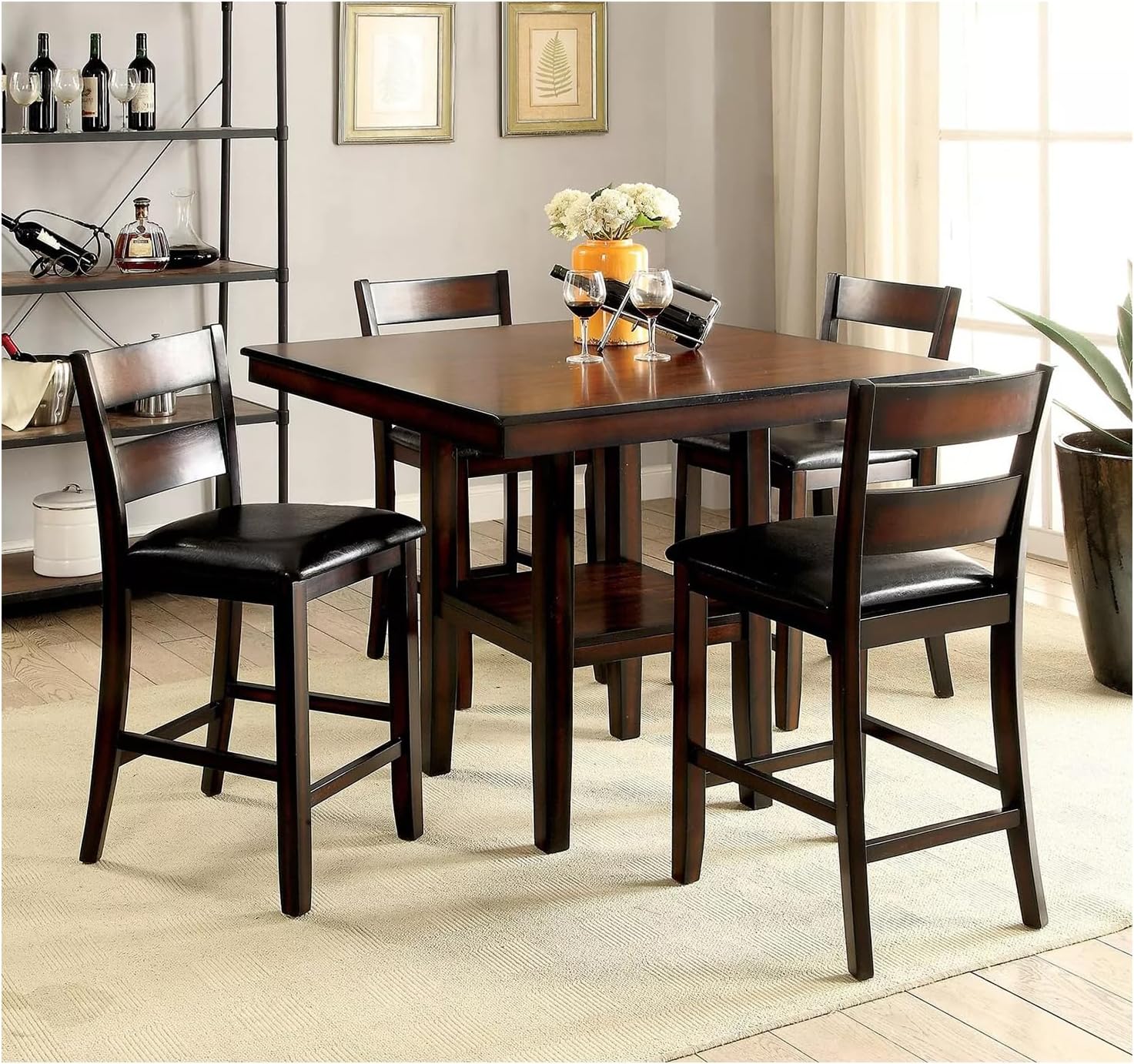 Brown Cherry Wooden Counter Height Dining Table with 4 High Chairs and Shelves P73375