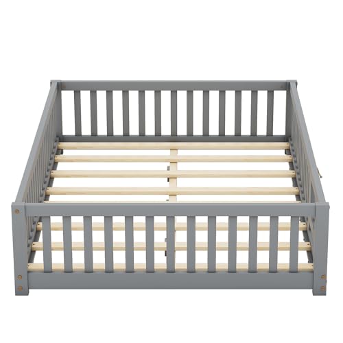 Gray Solid Wooden Kid Toddler Floor Bed with Safety Fence and Door U750537