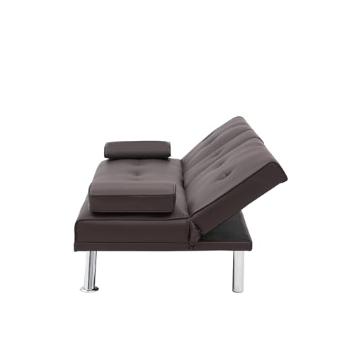 Brown Leather Double Folding Sofa Bed with 2 Cup Holders M5093