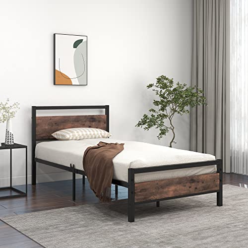 Queen Size Metal Platform Bed Frame with Wooden Headboard and Footboard, Black L37304