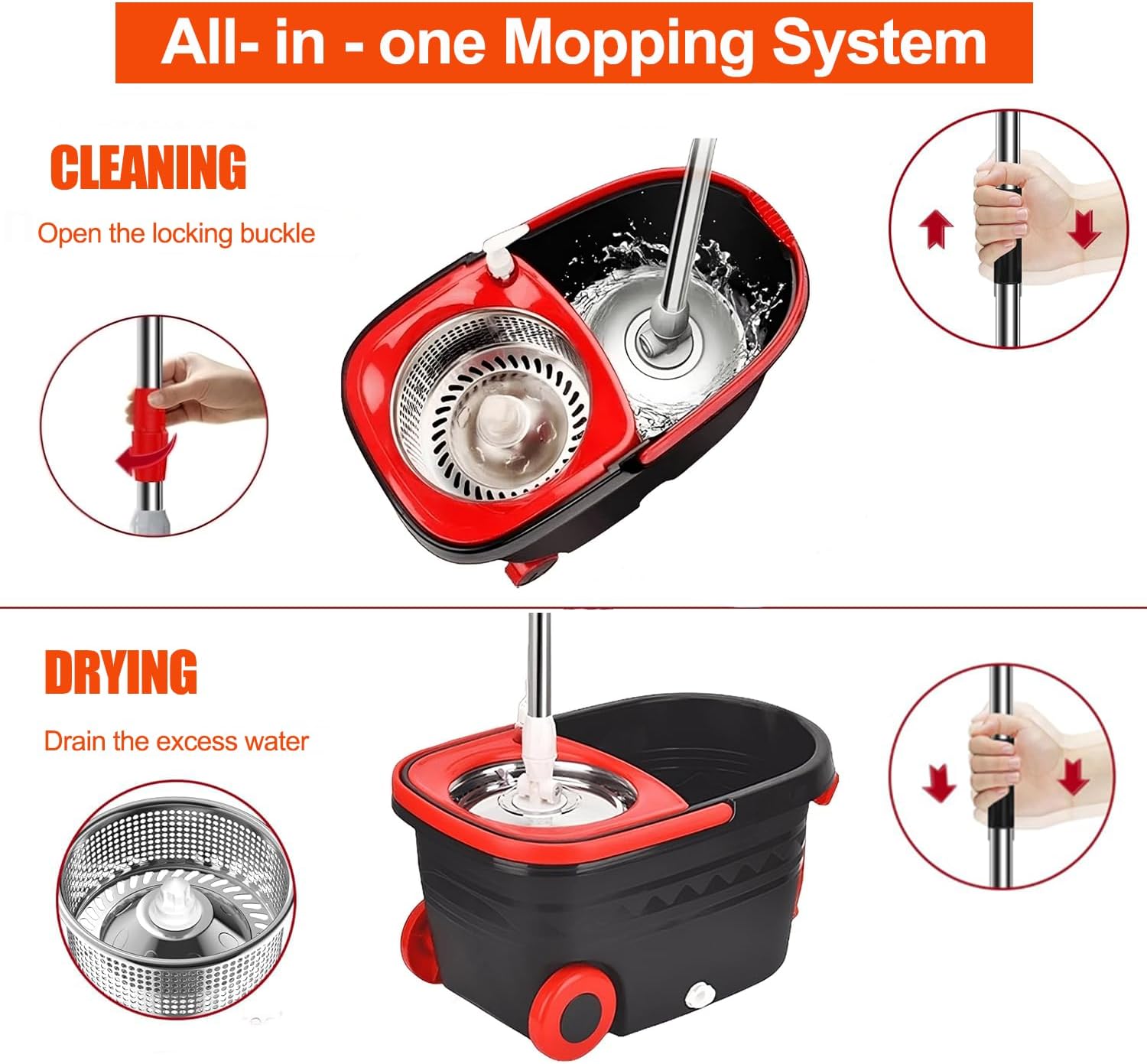 Spin Mop and Bucket with Wringer Set, 360° Rotating Mop Bucket System with 3 Microfiber Mop, Stainless Steel Floor Cleaning System F279