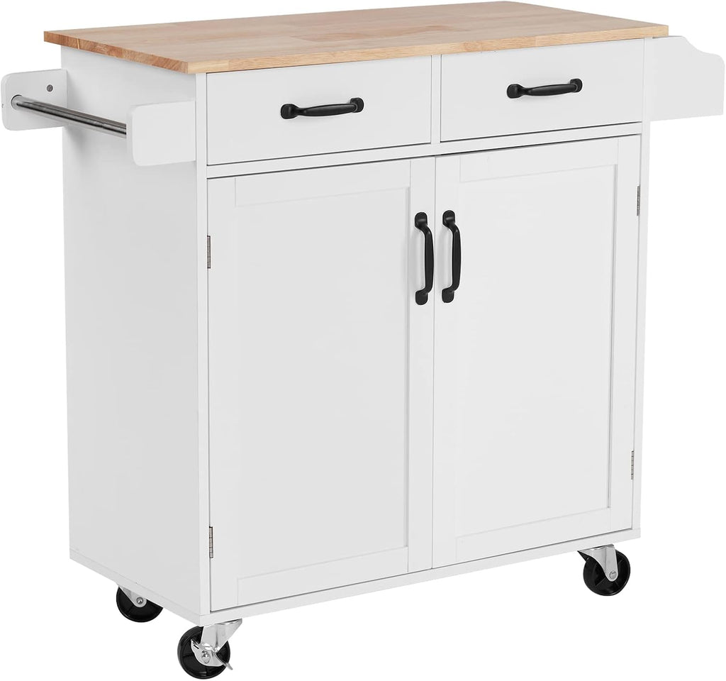 White Rubber Wood Top Rolling Kitchen Cart with Double Doors and Drawers J445248