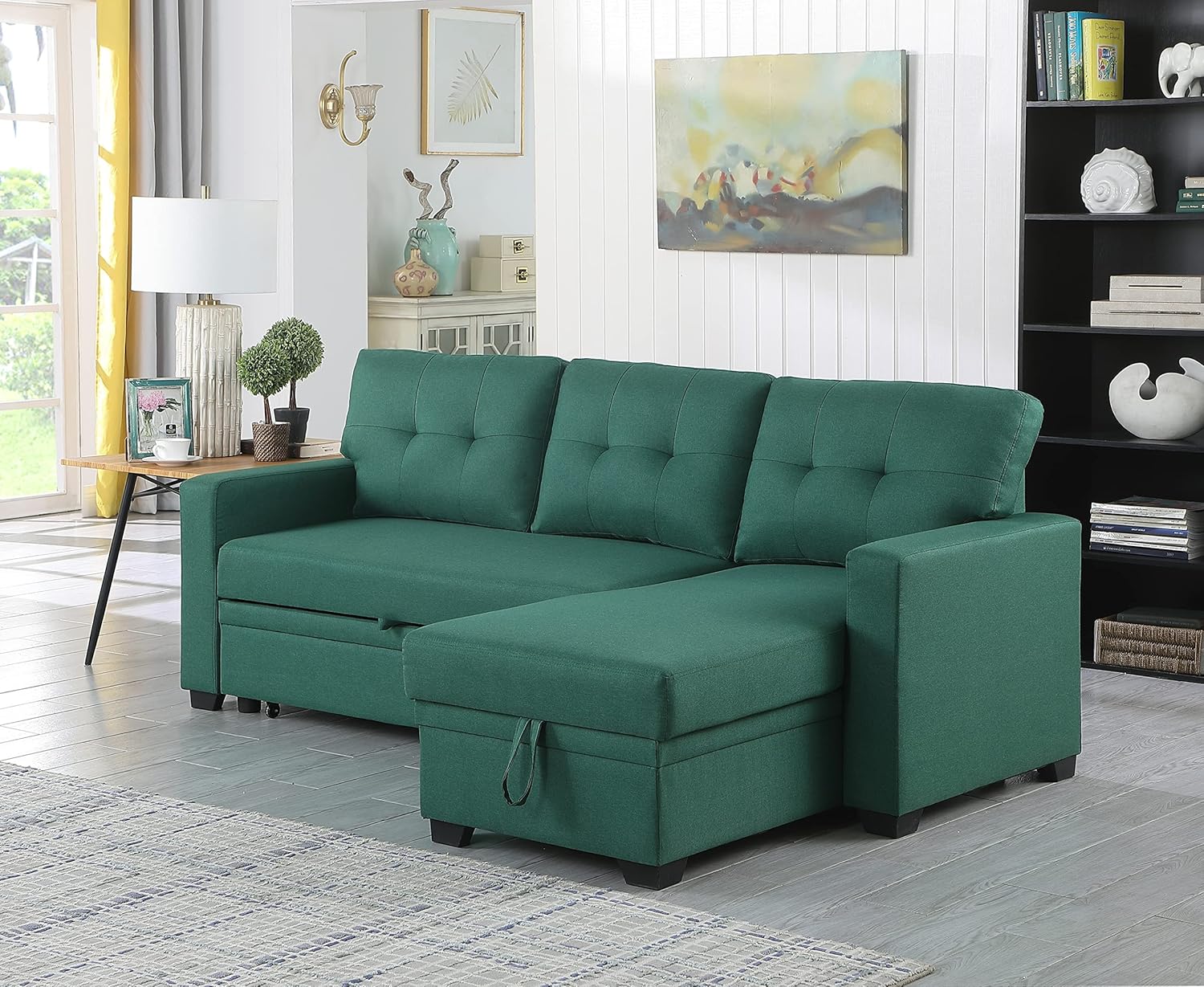 Green Upholstered Pull out Sectional Sofa with Chaise I391659