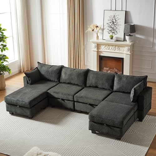 Oversized Modular Storage Sectional Sofa Soft Corduroy Upholstered Deep Seat Convertible Sleeper Couch Bed with 2 Pillows P36530