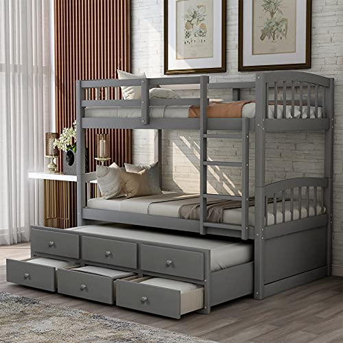 Twin Over Twin Solid Wood Bunk Bed with Storage Drawers and Trundle (Espresso) I26856