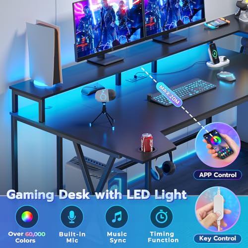 Black Gaming Desk with LED Lights and Storage Shelves E692046