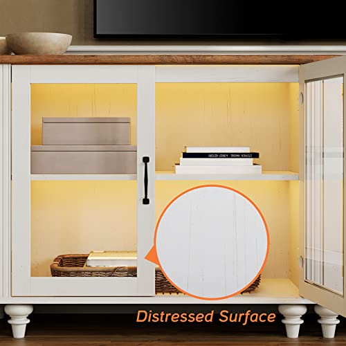 Off White Wood TV Stand with Yellow LED Light and Glass Door X66236