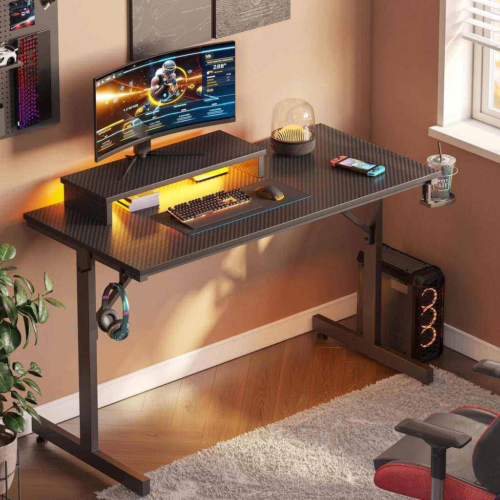 42" Gaming Desk with LED Lights, Monitor Stand, Headphone Hook, Cup Holder in Carbon Fiber Black V548677