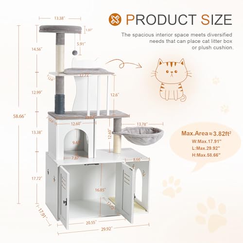 White 58.66’’ Wood Cat Tree with Litter Box Enclosure I809