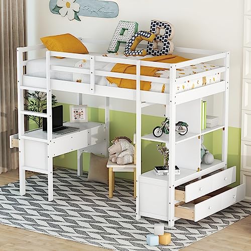 Solid Wood Twin Loft Bed with Desk, Storage Shelves, Drawers, Ladder, Guardrail L246