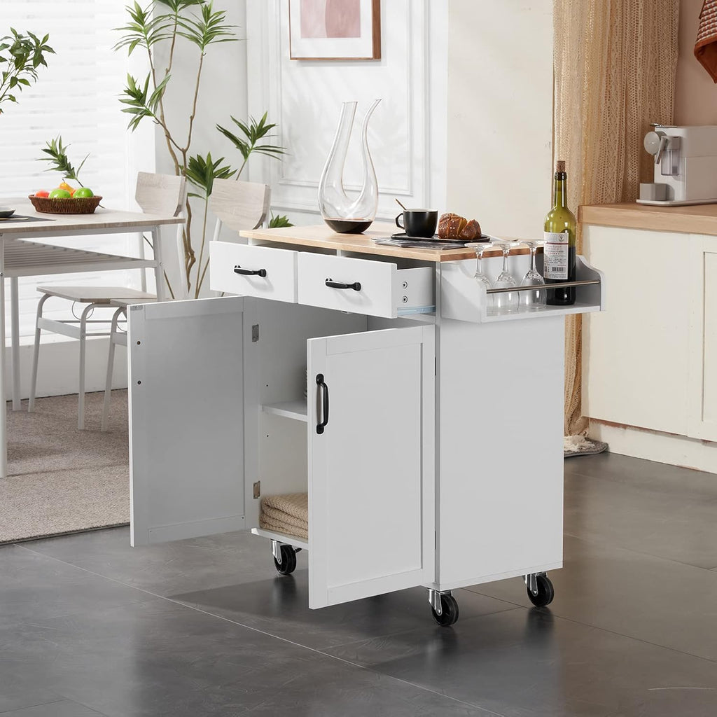 White Rubber Wood Top Rolling Kitchen Cart with Double Doors and Drawers J445248