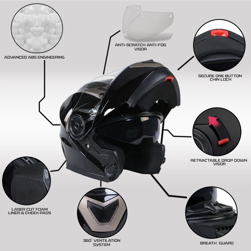 Gloss Black Motorcycle Modular Helmet with Drop Down Visor Medium I193924