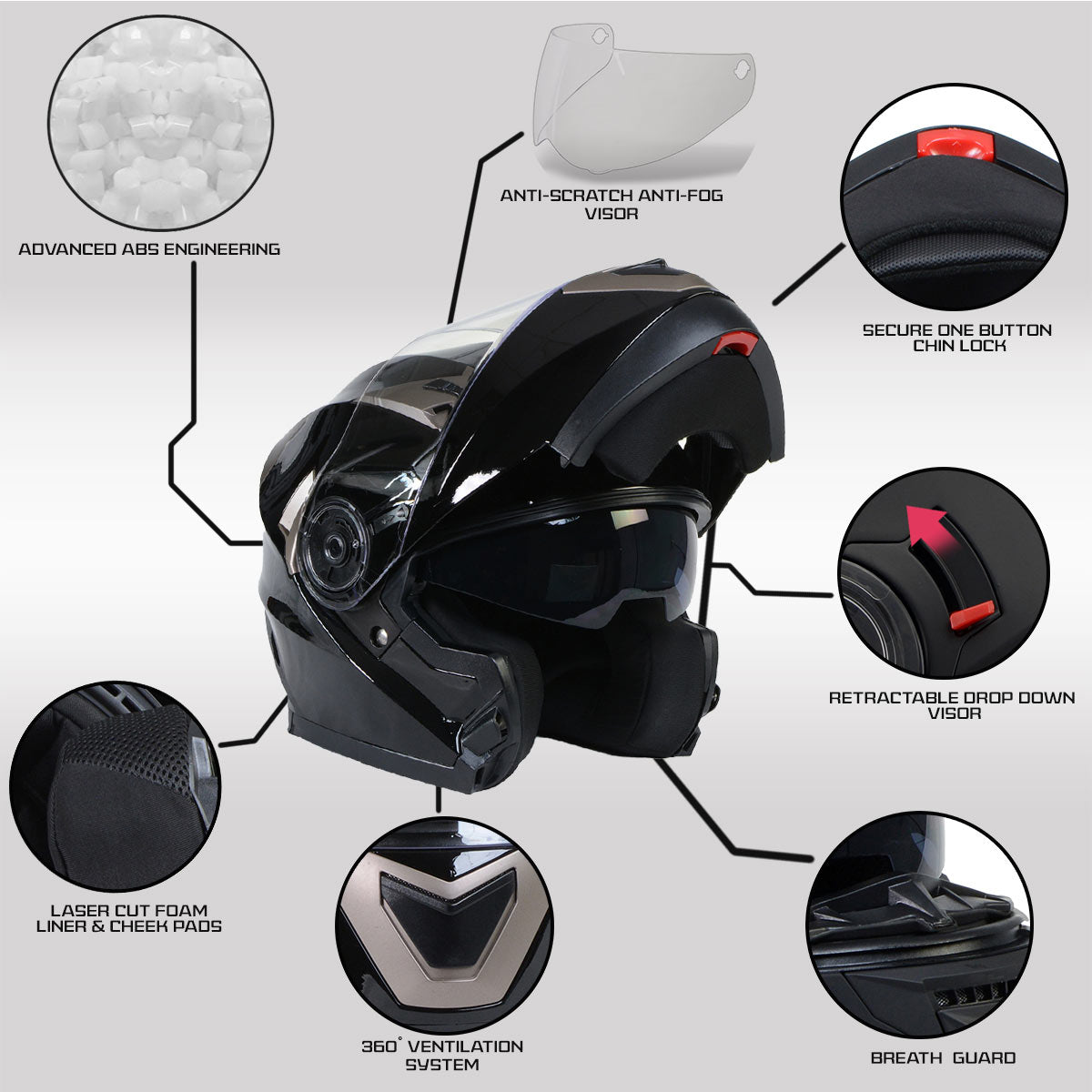 Gloss Black Motorcycle Modular Helmet with Drop Down Visor Medium I193924