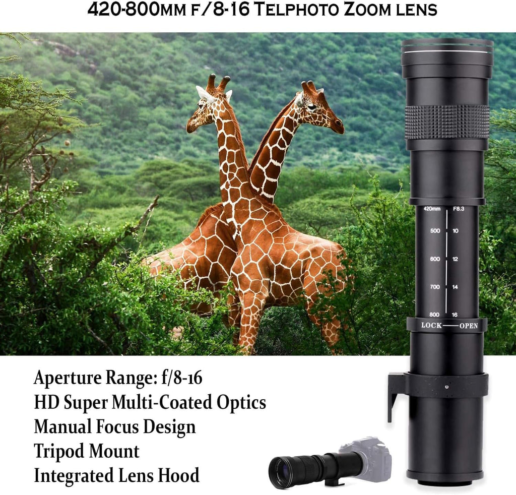 DSLR Camera with 18-55mm Lens, 75-300mm Lens, 420-800mm Telephoto Zoom Lens, 32GB Memory, Filters, Tripod O4741