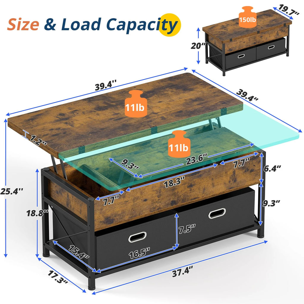 Rustic Brown Lift Top Coffee Table with Storage Drawers K48982