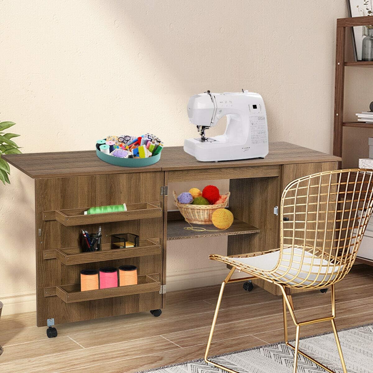 Folding Sewing Craft Table with Storage Cabinet and Wheels Natural O121