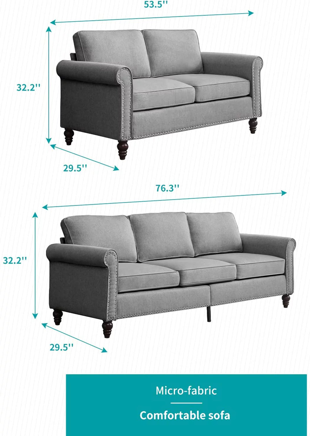 2 Piece Soft Sofa Loveseat Set, Light Grey P564