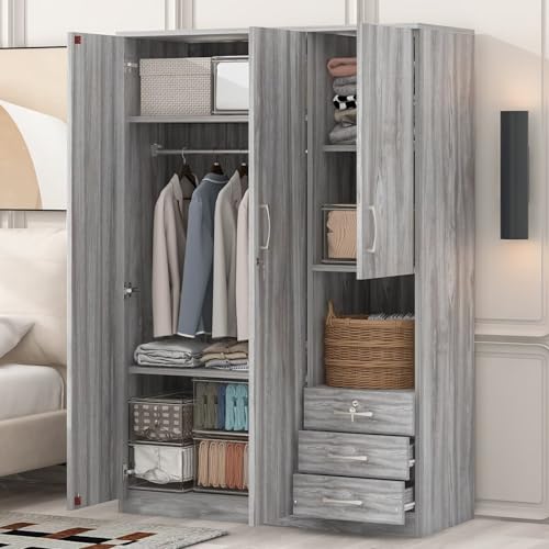 Grey Wooden Armoire Wardrobe with 6-Tier Shelves and 3 Drawers D33340