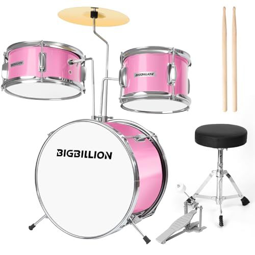 3-Piece 14'' Junior Drum Set with Bass Tom Snare Drum, Cymbal, Pedal, Drumsticks (Pink) F317