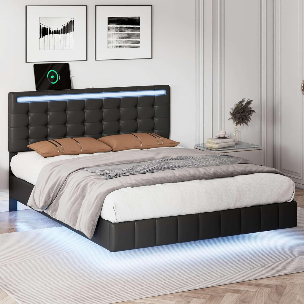 Full Size Floating Bed Frame with LED Lights and USB Charging P237258