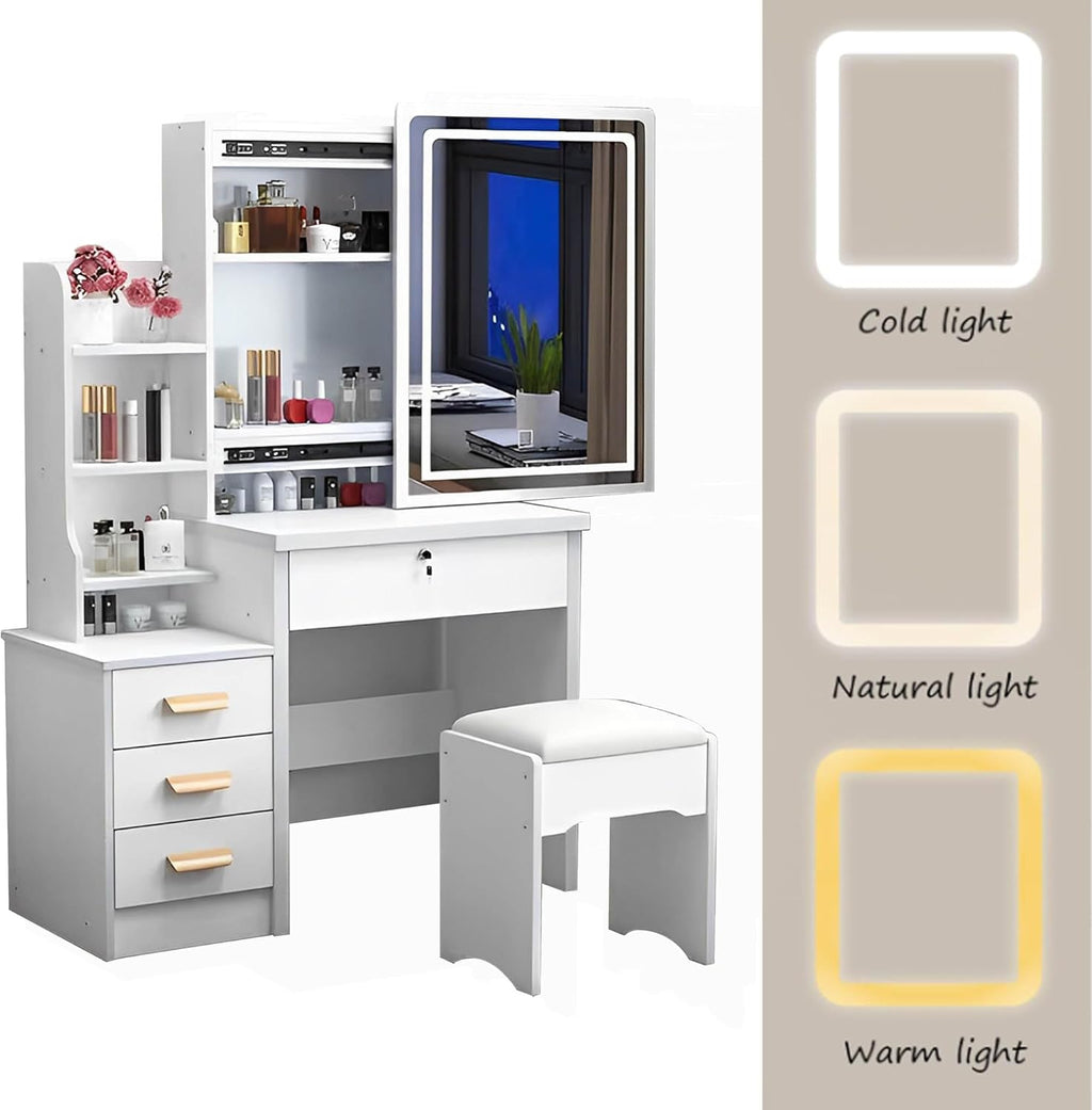 White Vanity Desk with Mirror and Lights, Drawers and Shelves, 3 Color Lighting Adjustable, Stool B354867