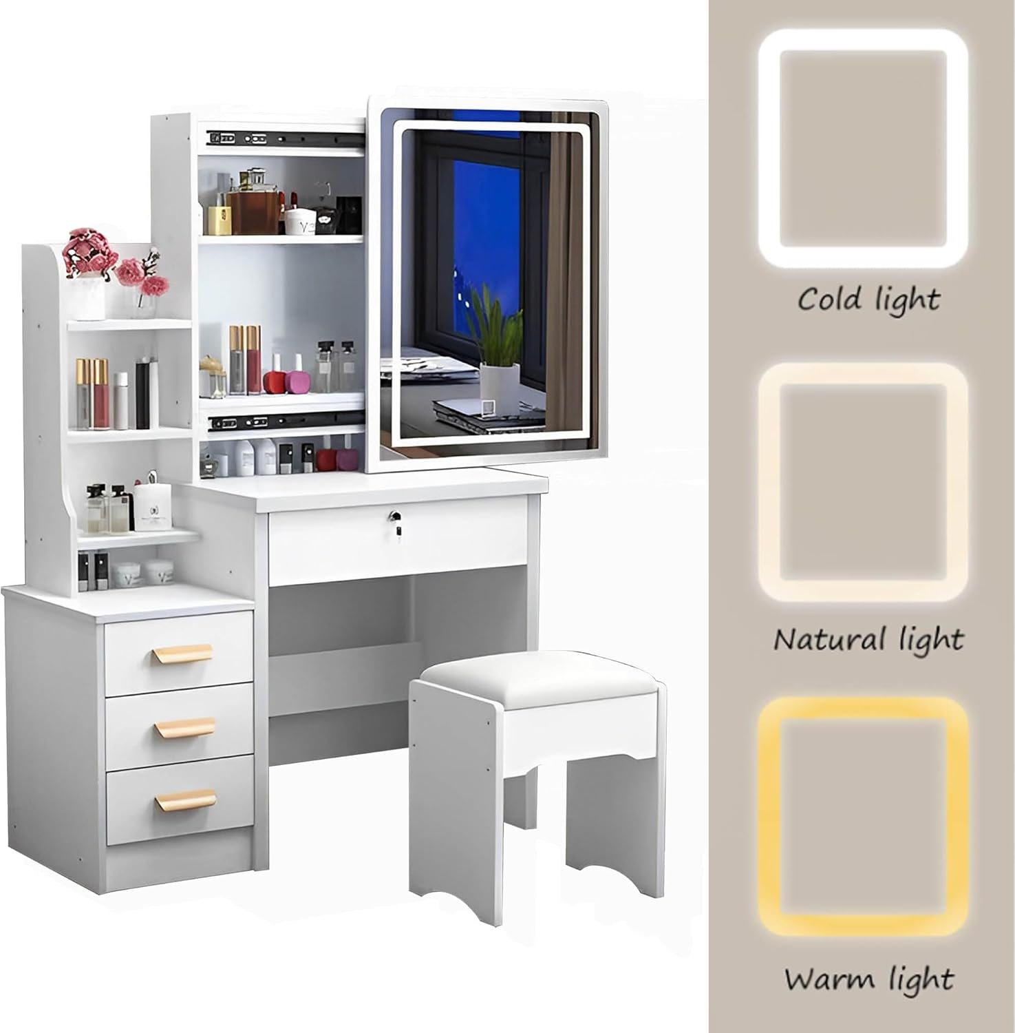 White Vanity Desk with Mirror and Lights, Drawers and Shelves, 3 Color Lighting Adjustable, Stool B354867