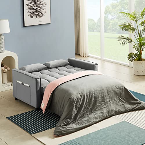 Beige Velvet Convertible Sleeper Sofa Bed with Pullout Bed E3769