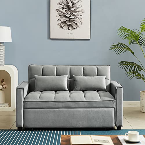 Beige Velvet Convertible Sleeper Sofa Bed with Pullout Bed E3769