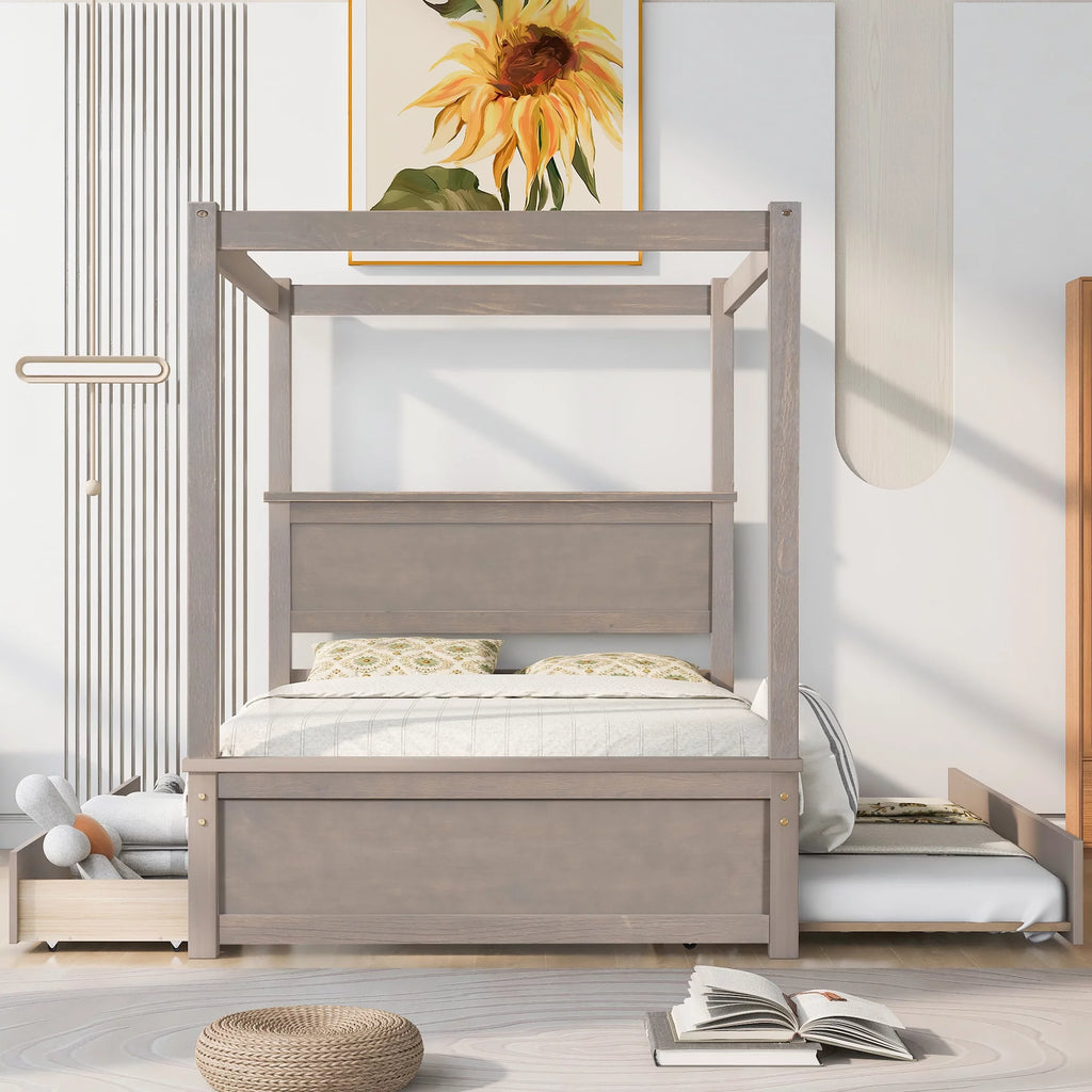 Light Brown Full Size Wood Canopy Platform Bed with 2 Drawers and Trundle F5333