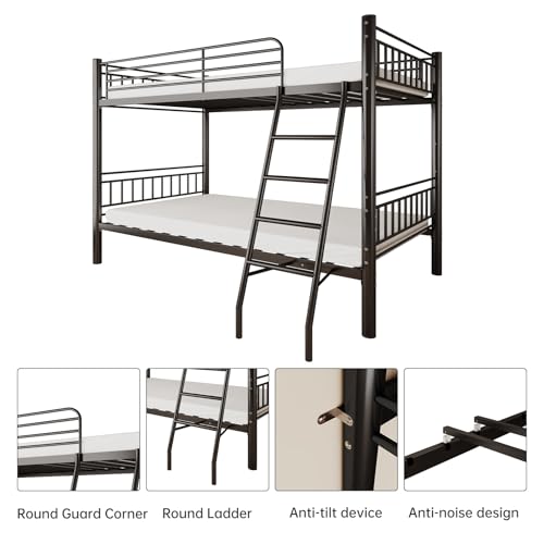 Black Metal Twin Over Twin Bunk Bed with Ladder and Guardrail S9004