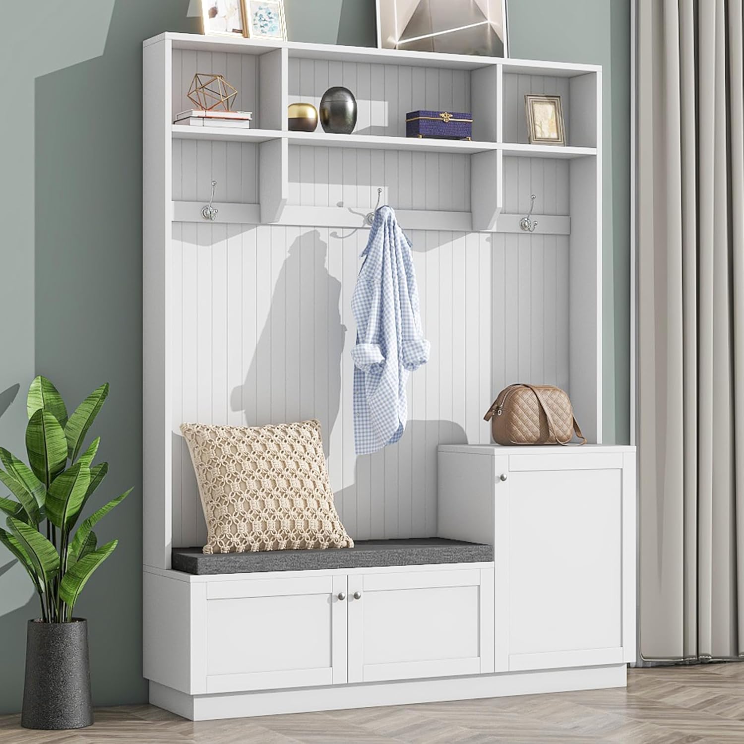 White Hall Tree with Cushion Bench and Shoe Storage J53576